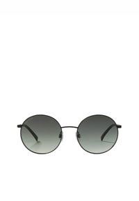 Okrągłe okulary przeciwsłoneczne z czarną metalową oprawką, gradientowymi soczewkami i przezroczystymi noskami. Projekt charakteryzuje się smukłymi ramionami i gładką teksturą.