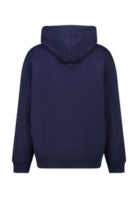 Sudadera con capucha de color azul marino, vista desde atrás, con mangas largas y puños y dobladillo acanalados.