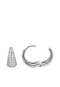 Zilveren oorbellen met een kegelvormige stud bezet met kleine heldere stenen en een hoepelontwerp met een gepolijste afwerking en steenaccenten.