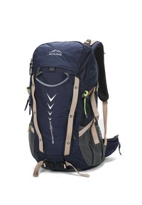 Zaino da trekking blu navy con spallacci beige, tasche laterali in rete, dettagli riflettenti, fibbie regolabili e schienale ergonomico imbottito. Capacità di 40 litri.