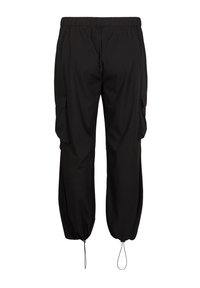 Black cargo pants featuring an elastic waistband, side pockets, and adjustable cuffs with drawstrings. Made from lightweight material.