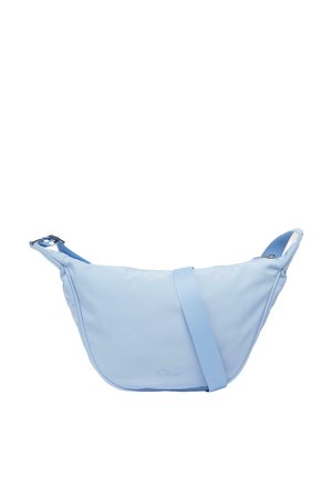 Hobo-style bag in light blue fabric with a smooth texture, adjustable strap, and a zippered top closure. Features embossed logo detail.
