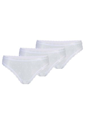 Three white women's bikini briefs with lace trim and small polka dot pattern arranged side by side on white background.