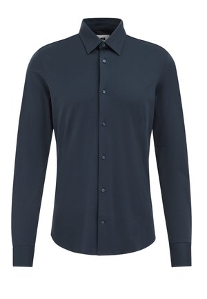 Marineblauwe langesleeve shirt van gladde stof, met een klassieke kraag, knopenlijst en knopen die passen bij de kleur van het shirt.