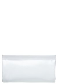 White clutch made of smooth synthetic material. Rectangular shape with a simple design, featuring a subtle texture and no visible hardware.