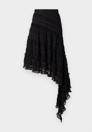 Falda asimétrica negra con pliegues texturizados, volantes en capas y cinturilla fruncida. Tejido ligero con un acabado translúcido.