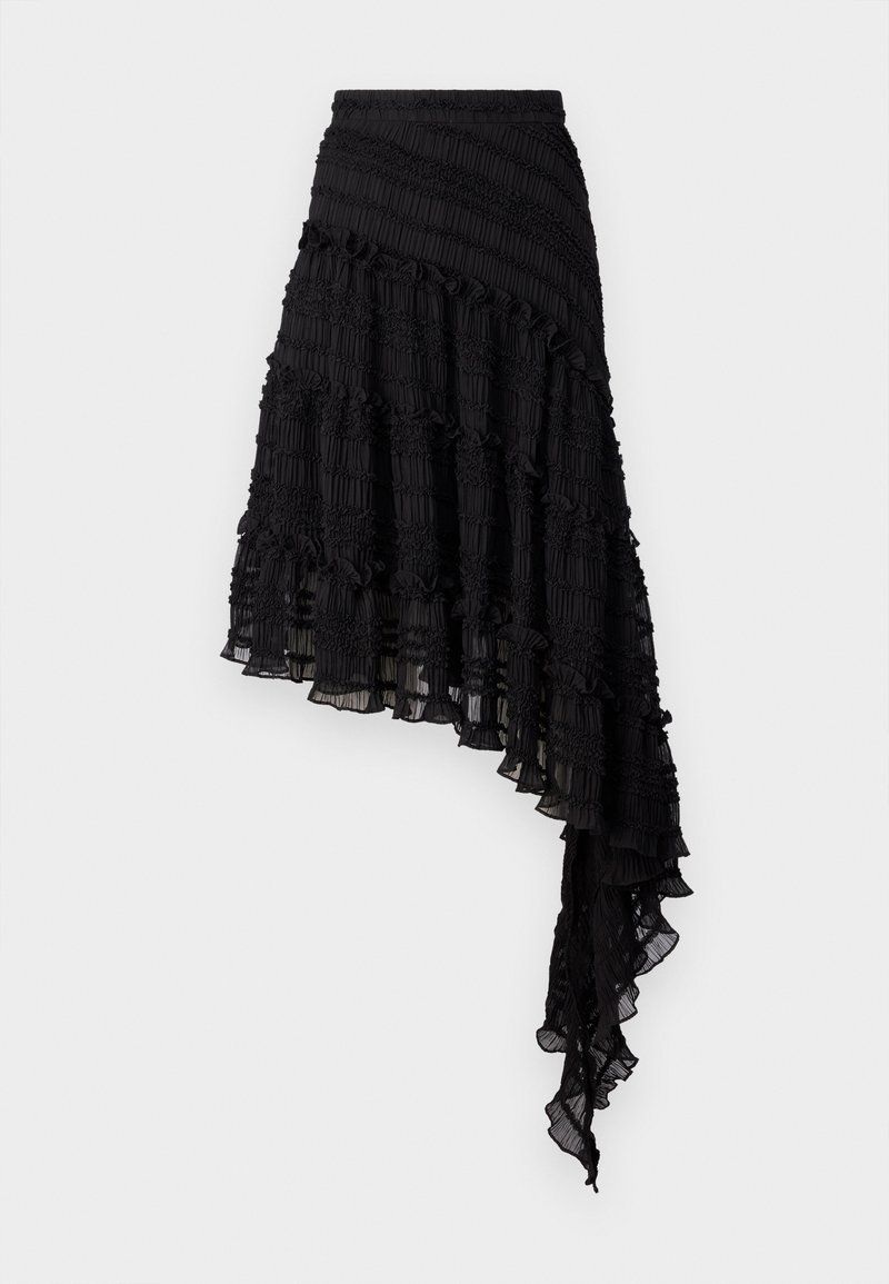 Zwarte asymmetrische rok met textuurplooien, gelaagde ruches en een smocktailleband. Lichtgewicht stof met een doorschijnende afwerking.