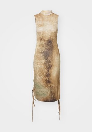 Brown and beige sleeveless dress with a high neck, featuring a textured pattern and adjustable side ties. Smooth fabric with earthy tones.