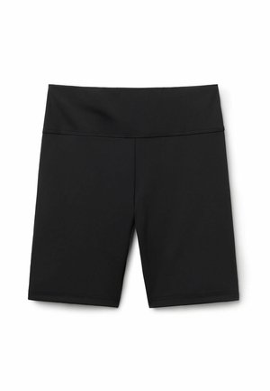Schwarze Sportshorts aus dehnbarem, feuchtigkeitsableitendem Stoff. Sie verfügen über einen hohen Taillenbund, eine glatte Textur und saubere, fertig gesäumte Abschlüsse.