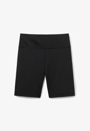 Black athletic shorts made from stretchy, moisture-wicking fabric. Features a high waist, smooth texture, and clean, finished hems.