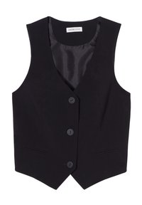 Gilet senza maniche nero con scollatura a V, dotato di tre bottoni frontali e due tasche laterali. Realizzato in tessuto morbido con una vestibilità su misura.