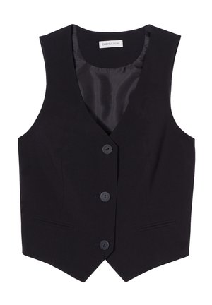 Gilet senza maniche nero con scollatura a V, dotato di tre bottoni frontali e due tasche laterali. Realizzato in tessuto morbido con una vestibilità su misura.