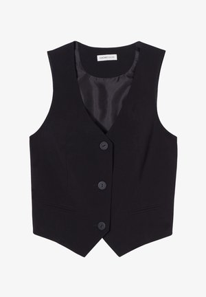 Black sleeveless vest with a v-neckline, featuring three front buttons and two side pockets. Made of smooth fabric with a tailored fit.