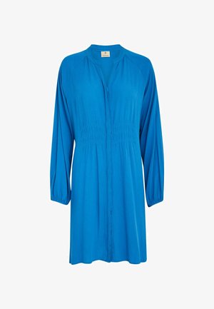 Blue, long-sleeve dress with a V-neck and button closure. Features gathered, textured bodice and flowy silhouette. Smooth fabric.