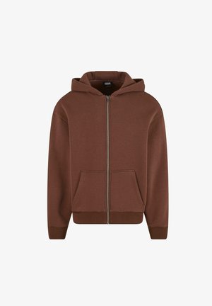 Bruine zip-up hoodie met een kangoeroezak, trekkoordcapuchon, ribgebreide manchetten en onderrand. Gemaakt van zachte, gestructureerde stof.