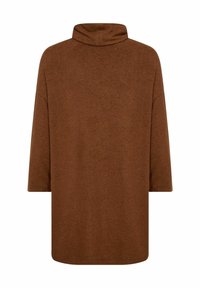 Pullover marrone, oversized, con un colletto alto e maniche a tre quarti. Tessuto morbido e motivo sottile in tutta la sua lunghezza. Orlo arrotondato.