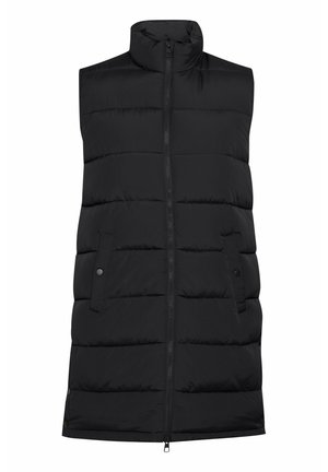 Vesta puffer neagră cu guler înalt, fermoar complet și două buzunare frontale cu închidere duchieră. Design matlasat cu o textură moale.