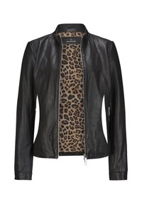 Schwarz, lederne Jacke mit Reißverschluss auf der Vorderseite, ausgestattet mit einem Futter im Leopardenmuster. Schmaler Schnitt, mit Stehkragen und seitlichen Reißverschlusstaschen.