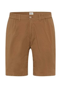 Shorts marron en tissu léger avec une coupe régulière, dotés d'une fermeture à bouton, de coutures décoratives et de poches latérales.