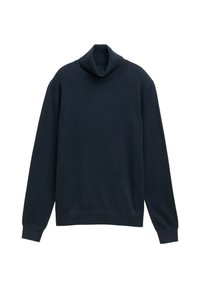 Pull col roulé navy en tissu tricoté doux, avec des manches longues et une coupe décontractée. Col et poignets côtelés pour plus de confort.