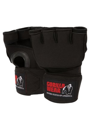 Black weightlifting gloves with open fingers, reinforced stitching, padded wrist wrap, and a logo patch featuring a gorilla in red and white.