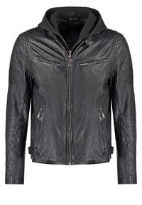 Schwarze Lederjacke mit abnehmbarem schwarzen Kapuzen, Reißverschlusstaschen auf der Brust und strukturierter Oberfläche; ausgestattet mit silberfarbenen Beschlägen und seitlichen Reißverschlusstaschen.