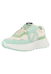 Mint green and cream athletic sneaker featuring mesh and suede materials, thick textured sole, and decorative logo accent on the side.