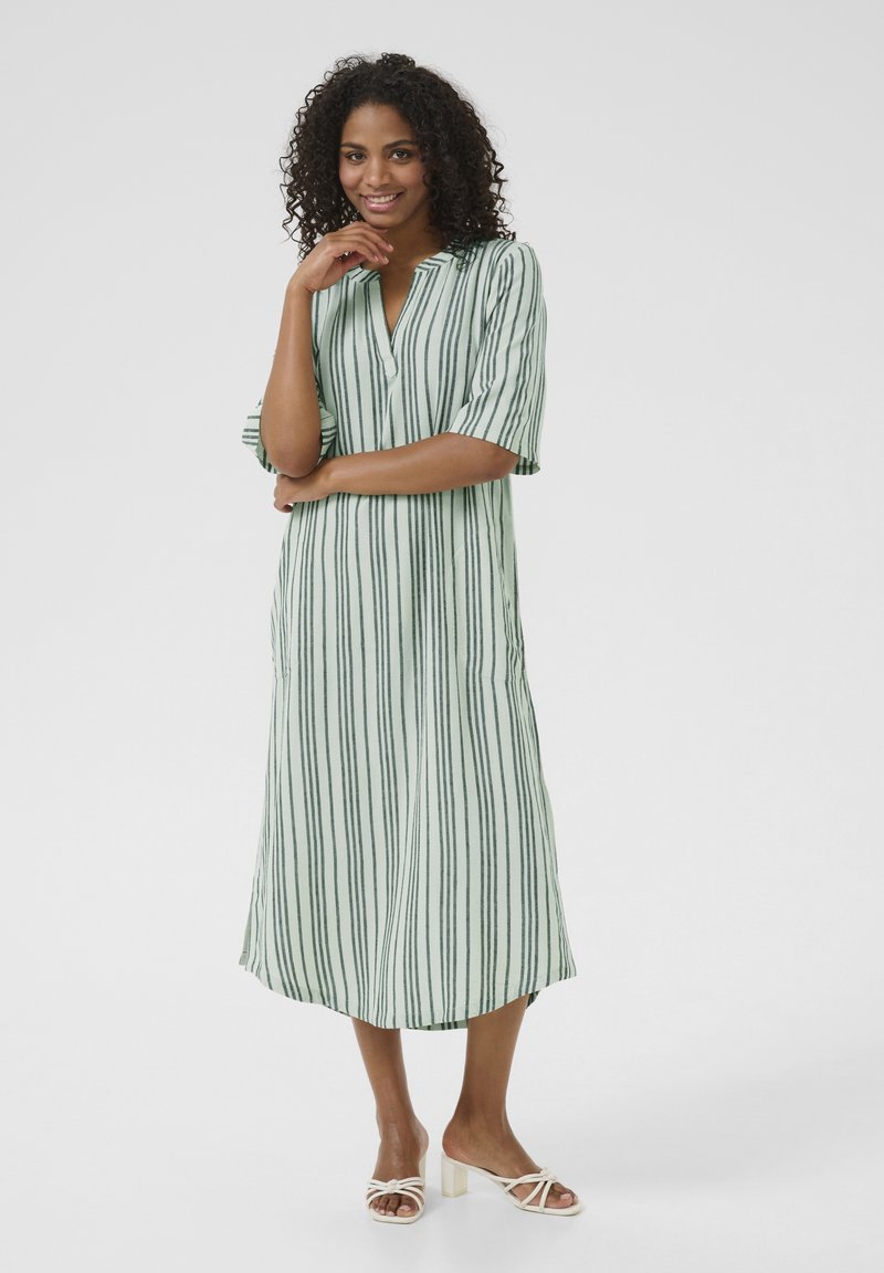 Grün gestreftes Midi-Kleid mit kurzen Ärmeln, V-Ausschnitt und lockerer Passform. Hergestellt aus weichem Stoff, mit vertikalen Streifen und seitlichen Taschen.