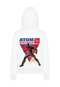 White hoodie featuring a graphic design of "Atom Smasher" in comic style, with vibrant colors and a triangular background in red and blue.