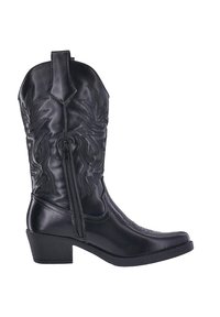 Bota de vaquero de cuero negro con diseños bordados, cierre de cremallera, punta afilada y tacón bajo de bloque. Textura suave en todo.