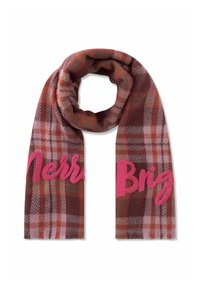 Geruite sjaal in tinten bruin, roze en groen. Het heeft decoratieve, gestructureerde letters "Merry" en "Brig" in felroze.
