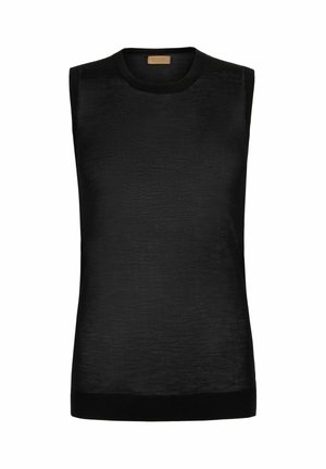 Sort ærmeløs strikket top med rund halsudskæring og ribbet kant, vist på en hvid baggrund.