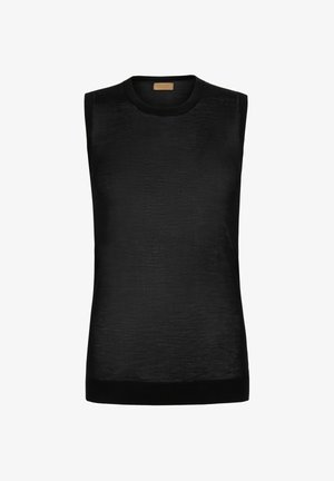 Czarny bezrękawnik dzianinowy z okrągłym dekoltem i ściągaczem u dołu, prezentowany na białym tle.