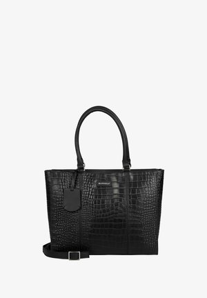 Sac fourre-tout en simili cuir noir avec une texture crocodile. Comprend deux poignées, une étiquette amovible et une bandoulière détachable.