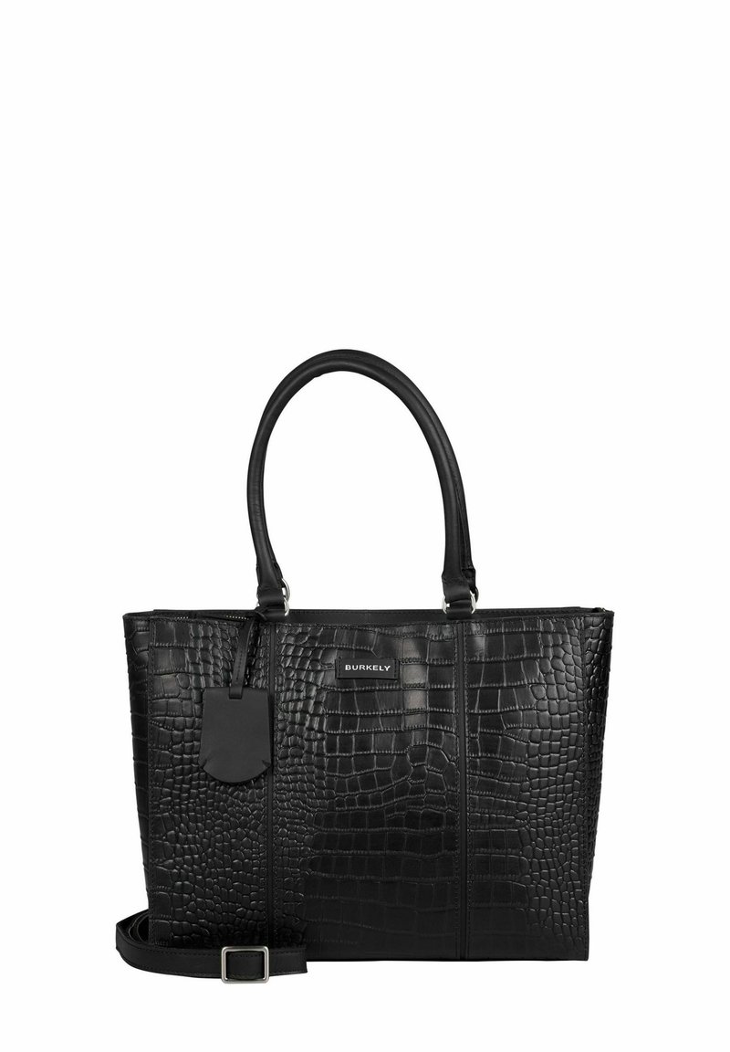 Sac fourre-tout en simili cuir noir avec une texture crocodile. Comprend deux poignées, une étiquette amovible et une bandoulière détachable.