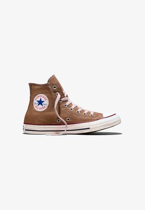 Brown high-top Converse All Star sneaker with white laces, white rubber sole, and logo patch on the ankle.
