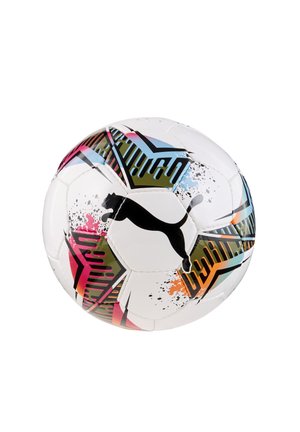 Minge de fotbal Puma, albă cu modele geometrice colorate, având un logo negru. Textură netedă și formă sferică clasică.