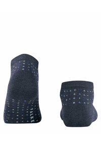 Knöchelsocken aus weichem, dunkelgrauem Material. Verfügt über mehrfarbige Punkte in Blau, Grau und weißen Mustern an den Seiten und unten.