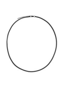 Collana in catena nera in metallo con un design elegante e link intrecciati, superficie liscia e chiusura a gancio per una vestibilità regolabile.