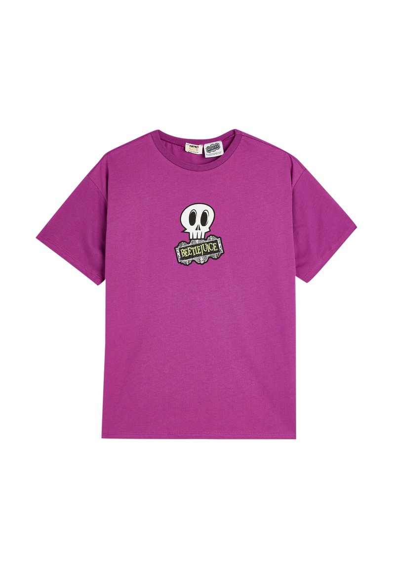 Lilla bomulds t-shirt med korte ærmer. Den har et sort og hvidt skull grafik og et "Beetlejuice" label design på forsiden.