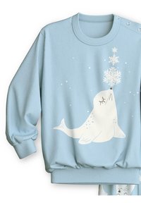 Hellblauer Pullover aus weichem Stoff. Mit einem weißen Seehund-Design, der Schneeflocken bläst, sowie Rippbündchen und Rundhalsausschnitt.