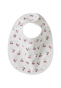 White baby bib with red cherry clusters pattern and rounded neck opening secured by a flap closure.