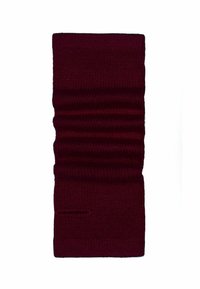 Knitted burgundy scarf with textured ribbing, rectangular shape, and a small stitching detail on one side. Soft acrylic material.