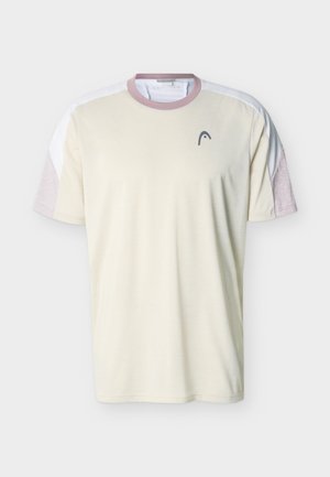 Béžna majica s kratkimi rokavi, s kremnimi in svetlo rožnatimi kosi na rokavih ter majhnim temnim logotipom na levi strani prsnega koša.