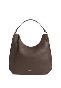 Borsa a tracolla in pelle marrone con finitura testurizzata, forma curva, manico singolo e logo in oro. Presenta una tasca laterale con zip.