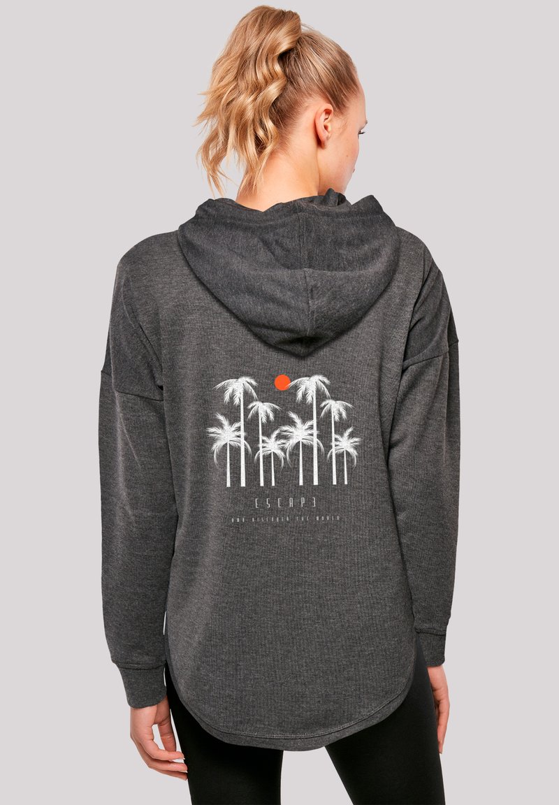 Dark gray, hooded sweatshirt featuring a white palm tree graphic and a red sun on the back, with a relaxed fit and longer hem.