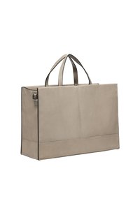 Beige Leder-Tote mit zwei Oberhandgriffen, rechteckiger Form, sichtbaren Nähten und glatter Textur. Besitzt ein minimalistisches Design.
