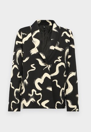 Blazer nero con motivo astratto a pennellate crema, caratterizzato da un colletto sciallato, chiusura con un solo bottone e tessuto testurizzato.