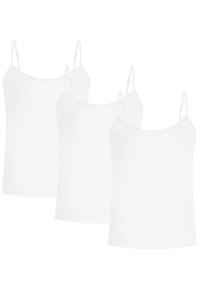 Drei weiße Spaghettiträgertops mit verstellbaren Trägern, aus weichem, leichtem Material, mit einem einfachen, nahtlosen Design.