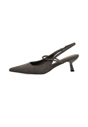 Zapato slingback de ante gris oscuro con punta afilada, tiras finas cruzadas y tacón bajo tipo kitten.